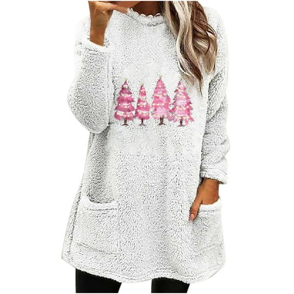 Darzheoy Womens Tops Christmas Pullover Loose Thickened Thermal Pocket Versatile Sweatshirts Fall Winter Fashion Thermal Printed Long Sleeve Blouses