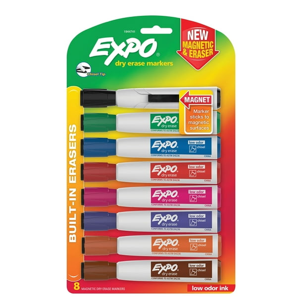 Marcadores magnéticos de borrado en seco EXPO con punta cincelada, 8 colores surtidos
