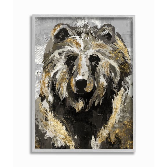 Stupell Industries Bear Newspaper Collage Gray Gold Design Framed Wall Art by Main Line Studio