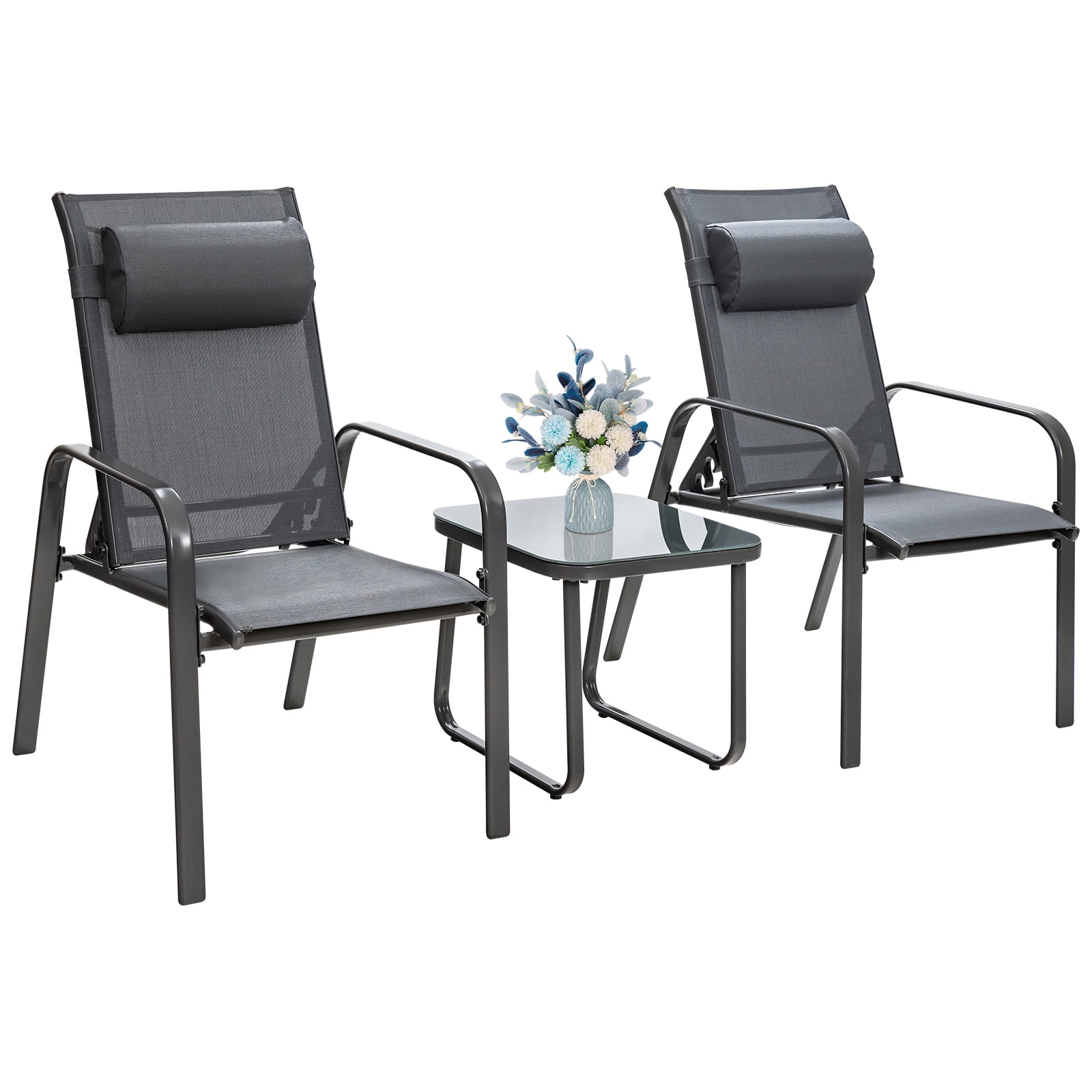 Patiojoy 3PCS Patio Adjustable Back Stackable Chairs Side Table Set