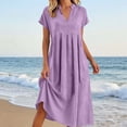 thumbnail image 2 of justHIGH Robe Midi en Coton et Lin pour Femme 2026 Été à Manches Courtes Décontractée Robes Plissées Ligne A Robe de Plage avec Poches Violet,G, 2 of 7