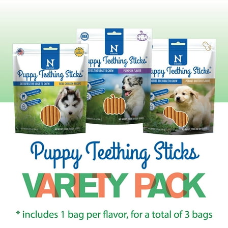 N-Bone Puppy Teething Sticks Variety Pack, Dried Chew Sticks for Puppy, Chicken & Pumpkin & Peanut Butter Flavor, 3 Bags, 11.22 oz, for Small Breeds