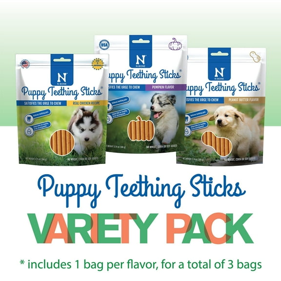 N-Bone Puppy Teething Sticks Variety Pack, Dried Chew Sticks for Puppy, Chicken & Pumpkin & Peanut Butter Flavor, 3 Bags, 11.22 oz, for Small Breeds