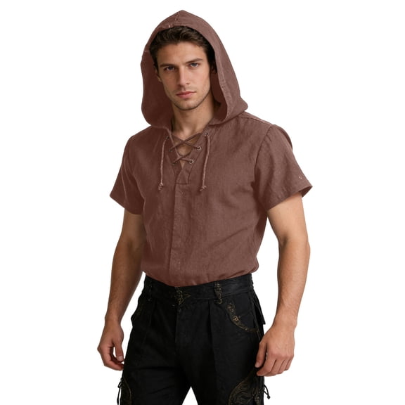 longantii Men's Vintage Shirts Short Sleeve Lace Up Hooded Tunic Regular Fit Renaissance Top Lightweight Medieval Pirate Cosplay Brown L