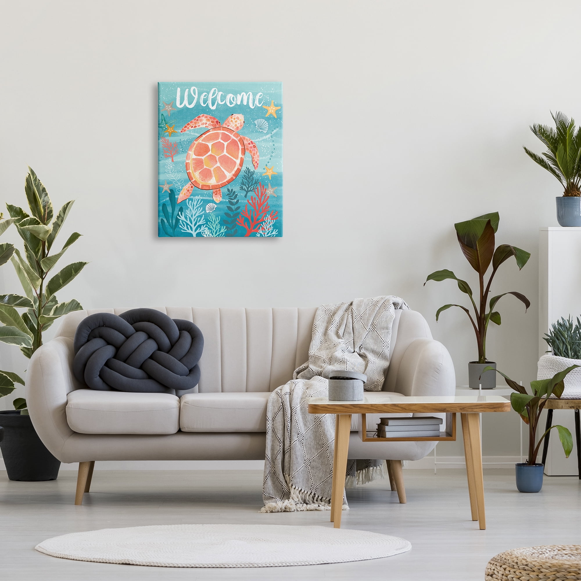 Stupell Industries Welcome Underwater Turtle Scene Animals & Insects Painting Gallery Wrapped Canvas Art Print Wall Art, 24 x 30