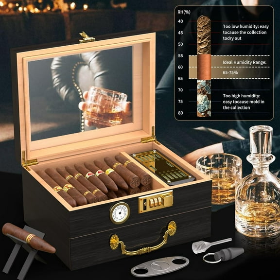 Lockable Glass-Top Cigar Humidor Box, Spanish Cedar Lined Desktop Humidor for Men with Hygrometer, Humidifier & Accessory Drawer, Complete Cigar Cutter Set, Holds 20–50 Cigars