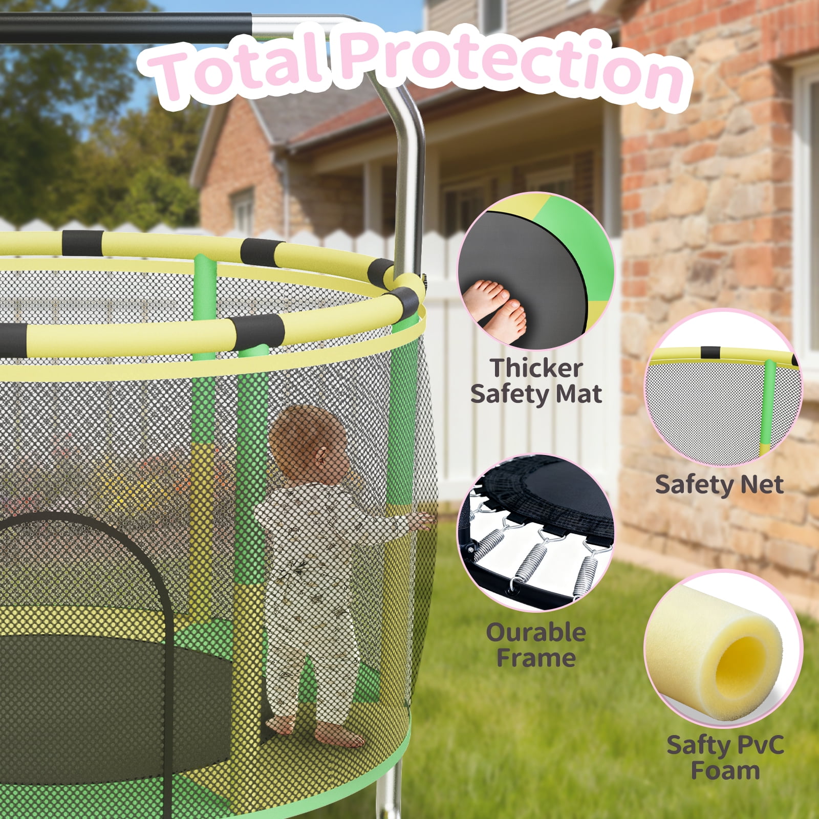 G TALECO GEAR Trampoline for Kids, Toddler Trampoline with Adjustable Gymnastics Bar & Toys, Indoor & Outdoor Round Small Trampoline Gift for Boys & Girls,  400lbs, Yellow & Green