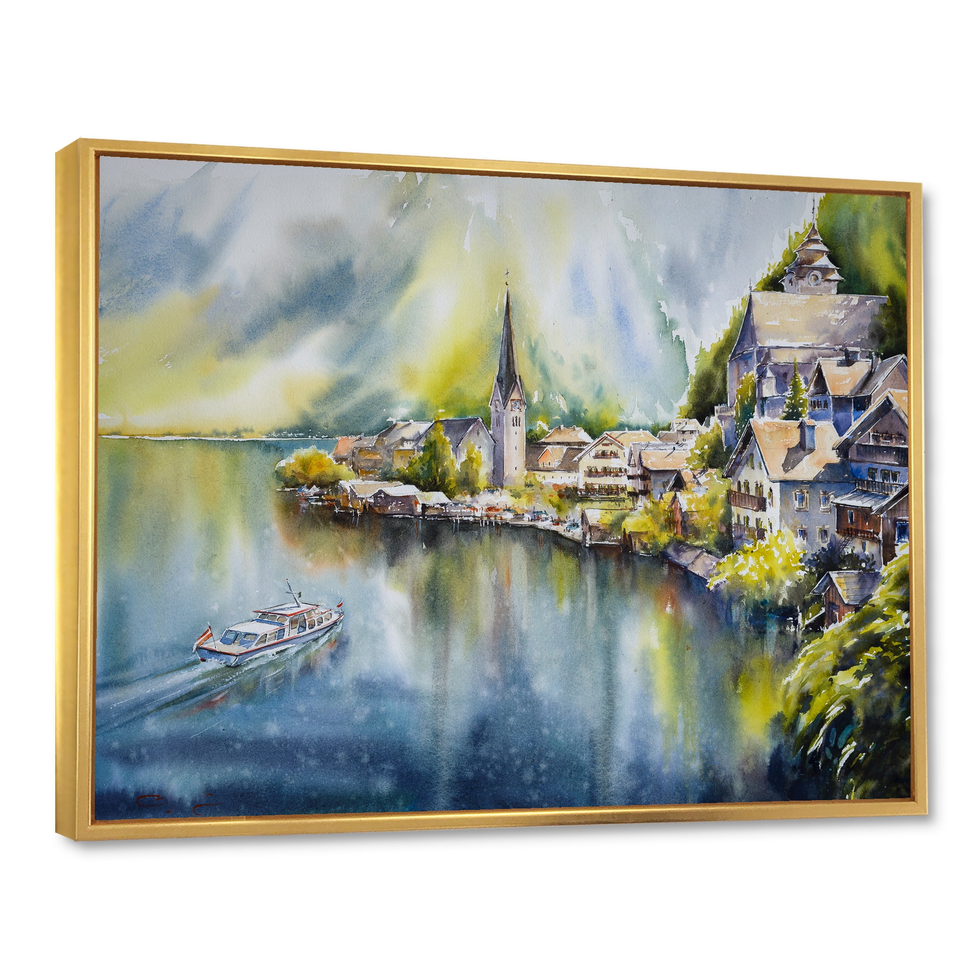 Designart 'The River In Austria Through Mountain Village' Nautical & Coastal Framed Canvas Wall Art Print