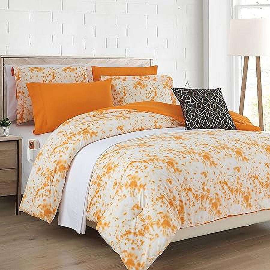 Elegant Comfort Reversible 10-Piece Comforter Set, Tie-Dye Print, Decorative Pillow and Fitted Sheet with Smart Pockets, Soft, Plush, Lightweight Material, 10pc Tie-Dye Set, Full, Orange