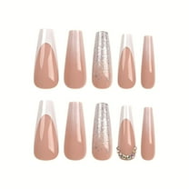24PCS Long Coffin Fake Nails White Nude French Classic Glue on Nails Set for Women Girls,Acrylic Shine Glossy Stick on Nails for Office Daily Wedding,Full Nail Wrap Gift for Valentine Holiday