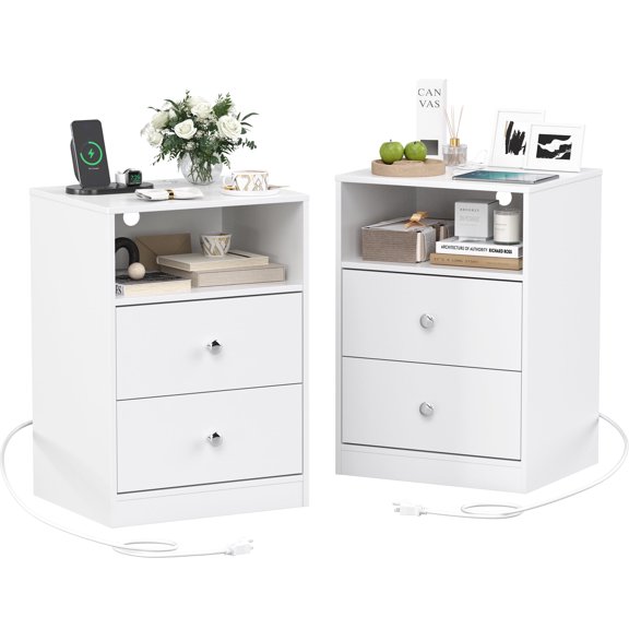 Someet LED Nightstand Set of 2 with Charging Station and 2 USB Ports, End Tables with 2 Storage Drawers for Bedroom Living Room Adult, White