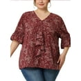 thumbnail image 1 of Blusa de mujer de talla grande GRACE & GRANDEUR con volantes en el frente, mangas fruncidas, cuello en V, tops casuales sólidos 4X color rojo vino con flores, 1 of 1