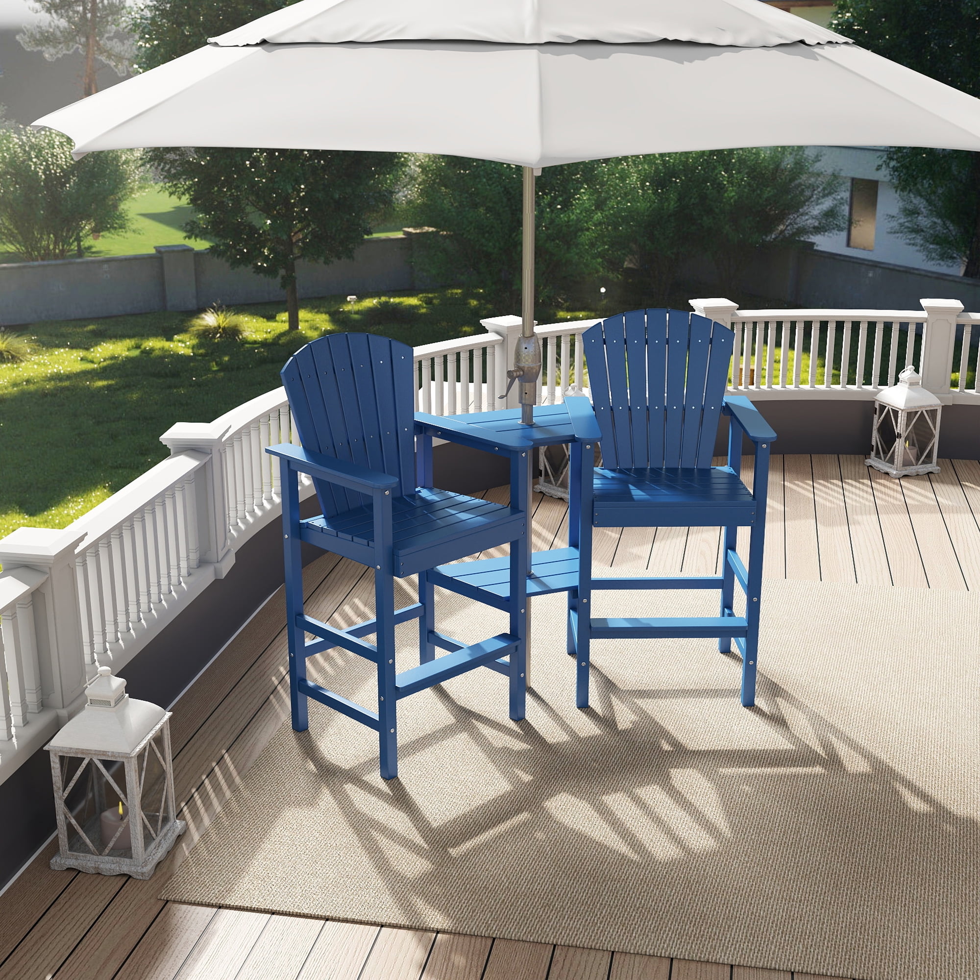 FOOWIN Tall Adirondack Chair Set of 2, HDPE All-Weather Adirondack Bar Stools with Connecting Tray, Blue