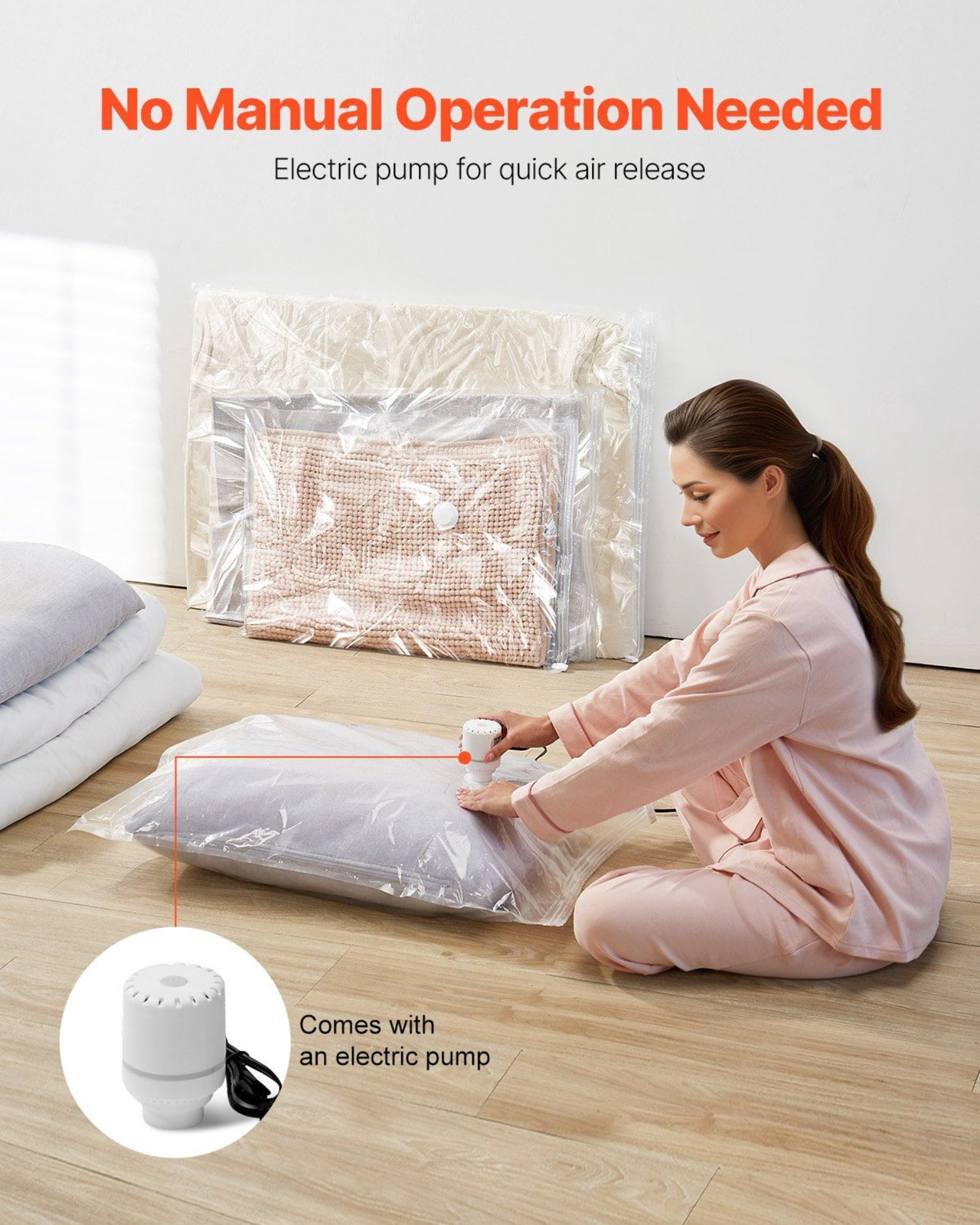15 Pack Vacuum Storage Bags Space Saver Compression Sealer Bags with Electric Pump Airtight Reusable PA+PE Bags for Bedding Clothing Pillows Home Storage Travel Organization