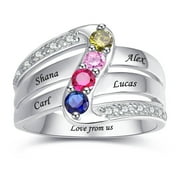 JQUEEN Women's Personalized 925 Sterling Silver Family Rings Sterling Silver Promise Rings for Women with 4 Name and 4 Simulated Birthstone