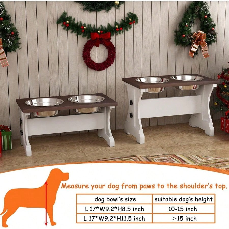 Elevated Dog BowlsFarmhouse Dog Bowls Stand Raised Dog Bowl with 2 Stainl Steel Wooden Dog Bowl 3.5Cups8.5''H_30 oz BowlFarmhouse Style