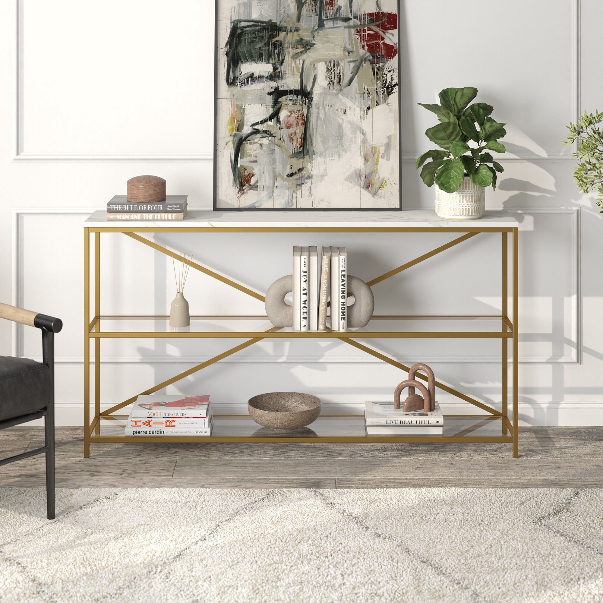 Evelyn&Zoe Fionn 55" Wide Rectangular Console Table with Faux Marble Top, Blackened Bronze