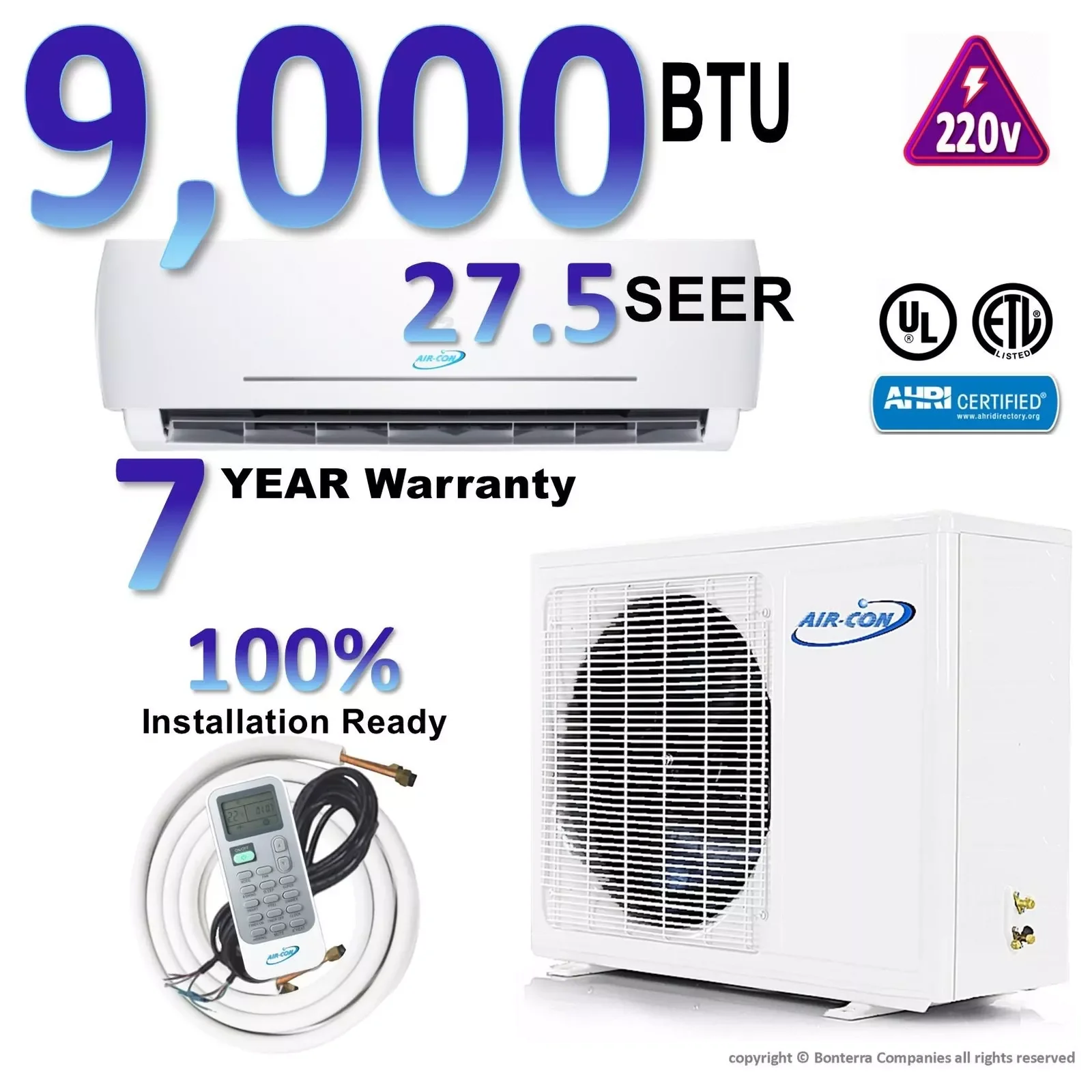 9000 BTU Air-Con Mini Split Inverter AC Air-Conditioner Heat Pump 27.5 Seer 220V