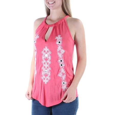 Rhinestone Keyhole - INC Womens Coral Embellished, Rhinestone Floral Sleeveless Keyhole Vest Top Size: L