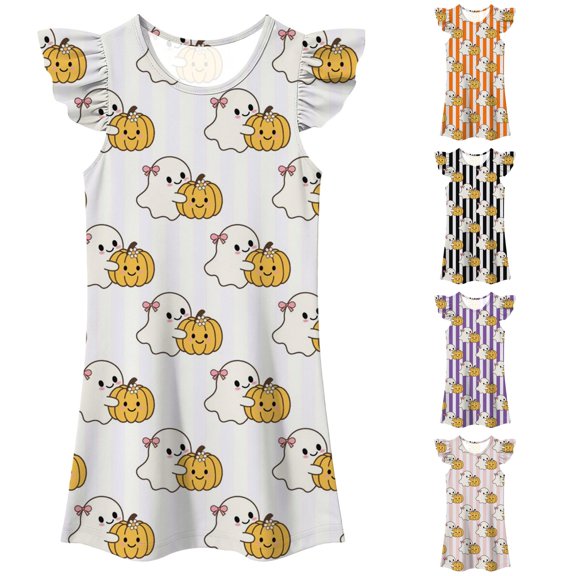 Gunia Toddler Girls Nightgowns Pjs For Girls Halloween Ghost Summer Sleep Dress Cute Flutter Sleeve Casual Holiday Print Soft Nightwear Night Gowns Sleepwear White 3-4 Years