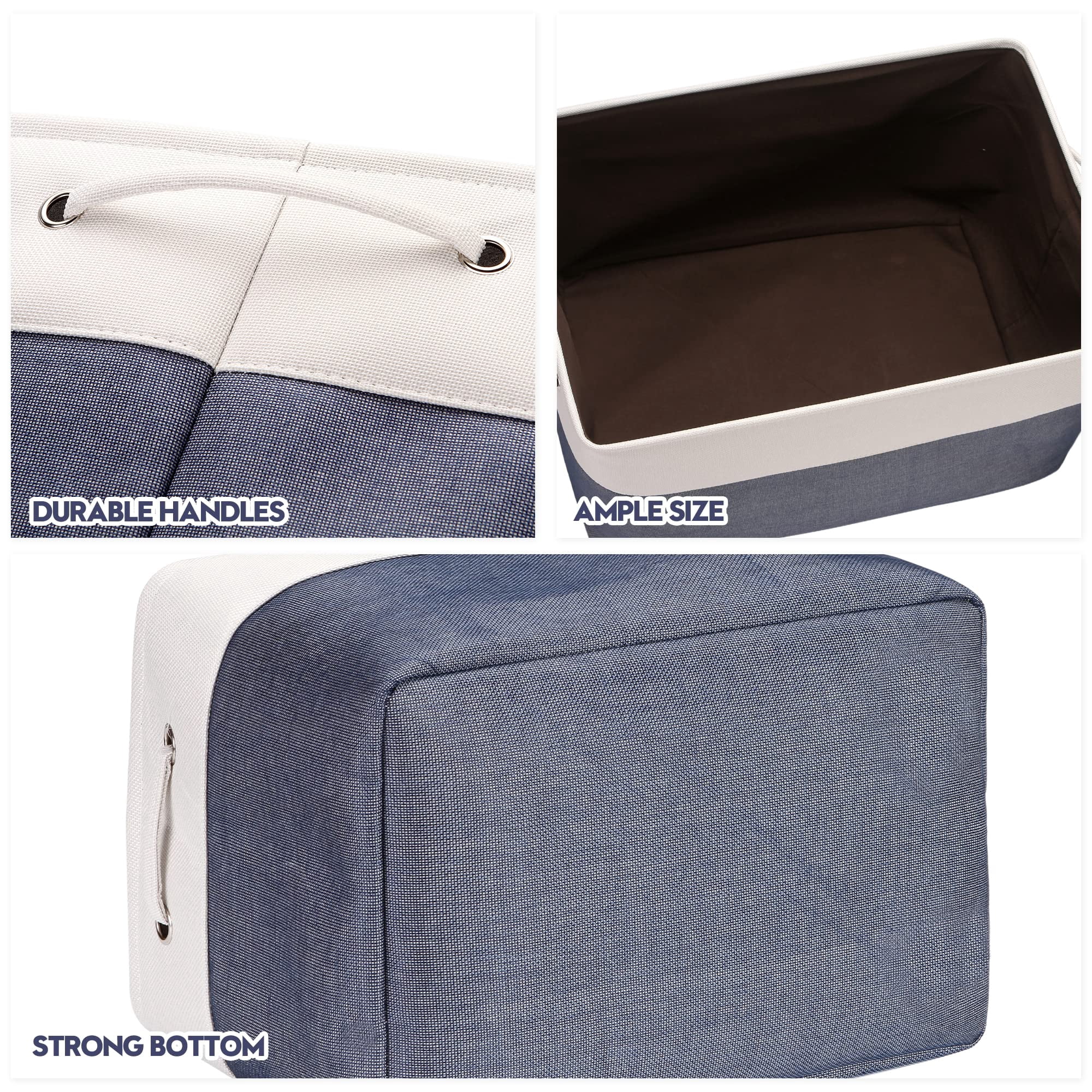 Sea Team 3-Pack Extra Large Storage Basket Set, Trunk Organizer, Clothes Toys Bin, 22 x 15 x 13 Inches, Rectangular Canvas Fabric Collapsible Shelf Box with Handles, Denim & White