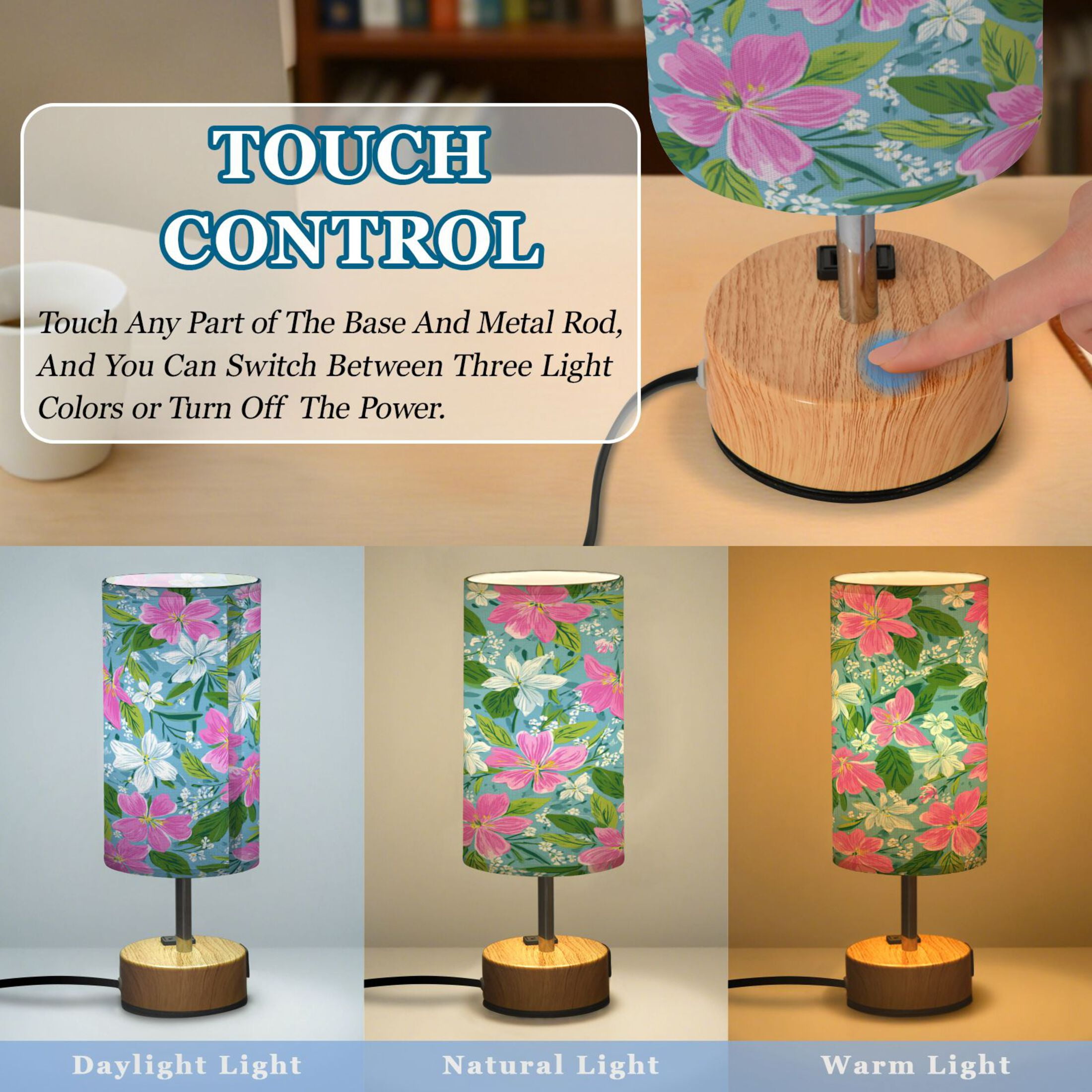 Touch-Control 3-Color Desk Lamp with Plug – Energy-Saving LED + 3 Simultaneous Charging Ports Lily Pulitzer Floral Pattern