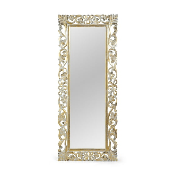 GDF Studio Fianna Traditional Handmade Floral Carved Full Length Leaning Floor Mirror, Distressed White and Gold