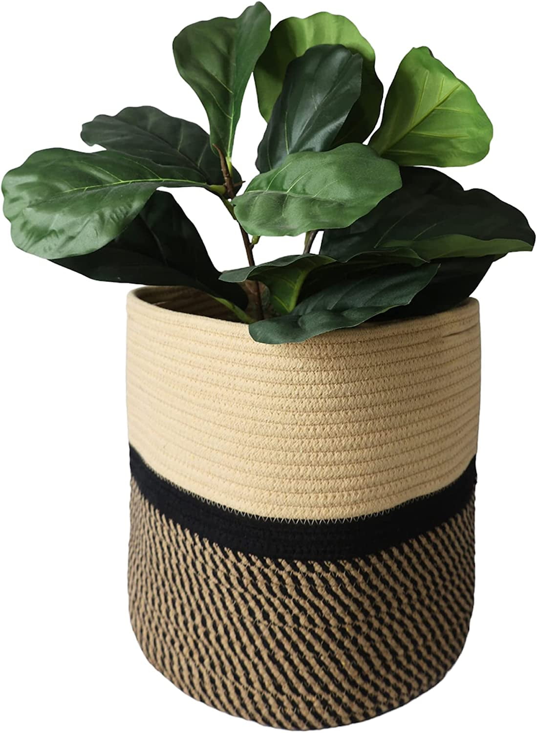 omh ORGANIZE MY HOME Decorative Baskets for Plants| 9- & 11-inch Pots for Indoor Plants | Floor Planter Pot Cover | Rope Plant Basket for Indoor (Small 9" Round, Tan/Black)