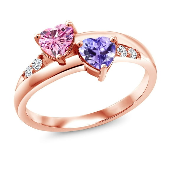 Gem Stone King 18K Rose Gold Plated Silver Lab Grown Diamond Ring Pink Moissanite and Tanzanite (1.08 Cttw, Size 9)