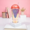 thumbnail image 2 of Shop Uwu Reusable Plastic Cup With Lid And Straw - Double Walled Insulated Cup With Crystal Dome Lid; Cold Drink Tumbler With Straw; Reusable Transparent Iridescent Cups - 560ml (Red), 2 of 5