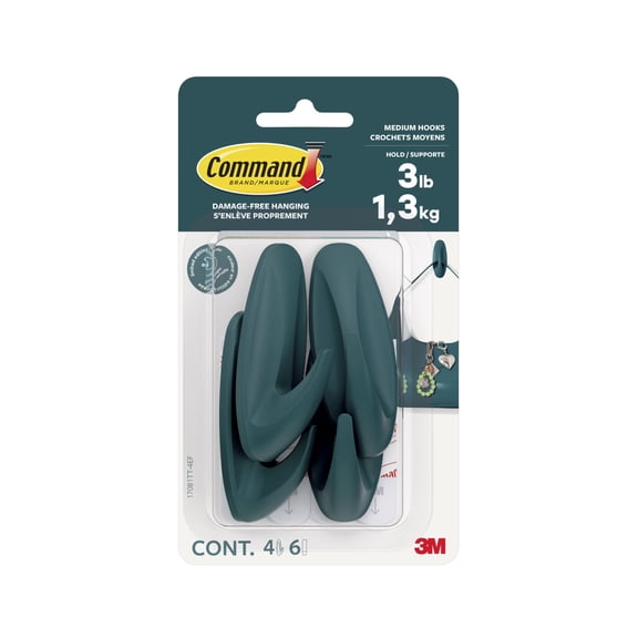 Command Medium Designer Hooks, Twilight Teal, Holds 3 lbs, 4 Hooks, 6 Adhesive Strips
