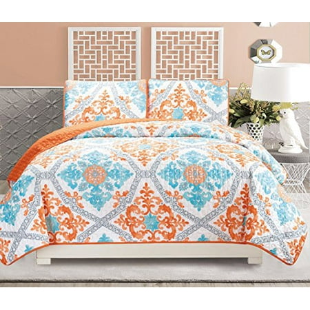 3 Piece Fine Printed Quilt Set Reversible Bedspread Coverlet