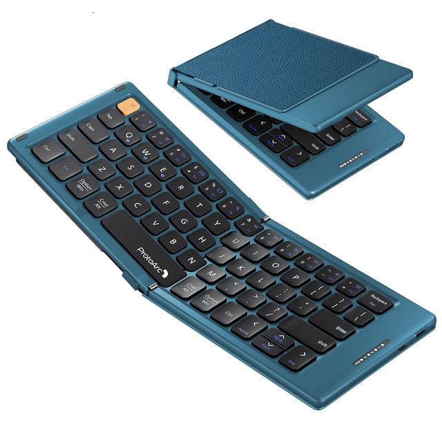 Teclado compacto plegable ProtoArc, teclado Bluetooth portátil XK04 con funda de piel sintética, teclados de viaje inalámbricos de bolsillo para iPad, iPhone, smartphone, tableta y portátil, azul