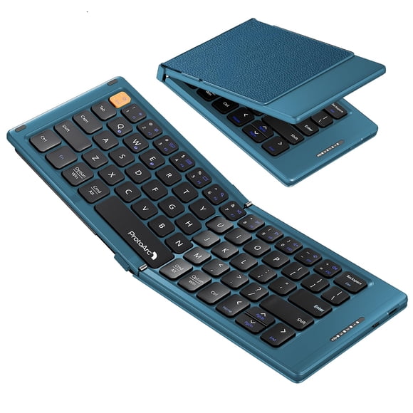 Teclado compacto plegable ProtoArc, teclado Bluetooth portátil XK04 con funda de piel sintética, teclados de viaje inalámbricos de bolsillo para iPad, iPhone, smartphone, tableta y portátil, azul