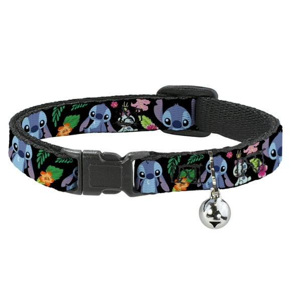 Disney Breakaway Cat Collar With Bell, Plastic Clip, Easy Adjustable, Ohana Means Family Stitch Scrump Poses Tropical Flora Black, 8.5 to 12 Inches 0.5 Inch Wide