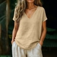 thumbnail image 2 of Oversized Cotton Linen Shirts for Women V Neck Blouses Short Sleeve Loose Curved Hem Basic Soft Lightweight Tops, #03 Khaki, XXL, 2 of 6