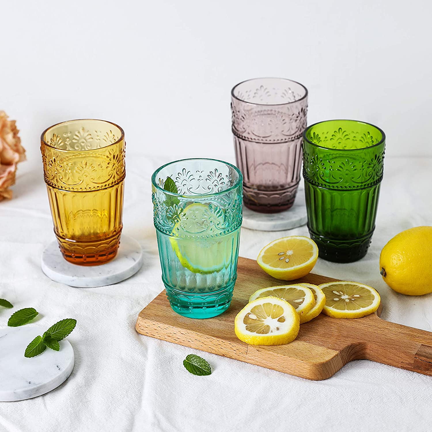 MDLUU Colored Glassware, Multicolor Drinking Glasses, Embossed Water  Glasses, Colored Tumblers Glass…See more MDLUU Colored Glassware,  Multicolor