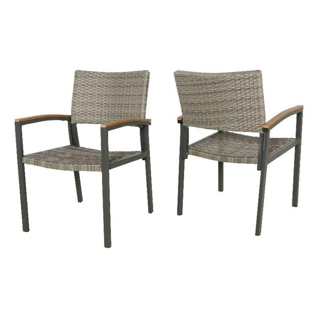 Pemberly Row Outdoor Dining Chair Set of 2 Mesh Seat Gray Rattan Brown Faux Wood