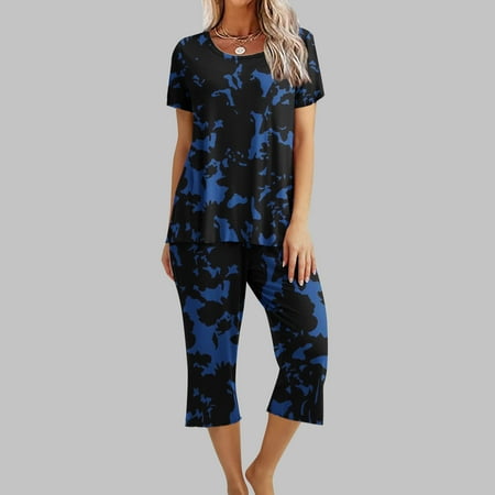 

asdoklhq Plus Size Set for Women on Clearance Women s Printing Round Neck Short Sleeve Sleepshirt and Pants Sets Loungewear Pajamas with Pockets