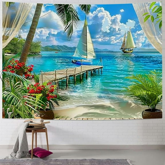 Shiartex Ocean Beach Tapestry, Coconut Palm Tree Garden Scenery Window Tapestries Wall Hanging for Bedroom College Dorm Decor, Summer Tropical Sea Hawaii Landscape Outdoor Poster Blanket 40x30inch