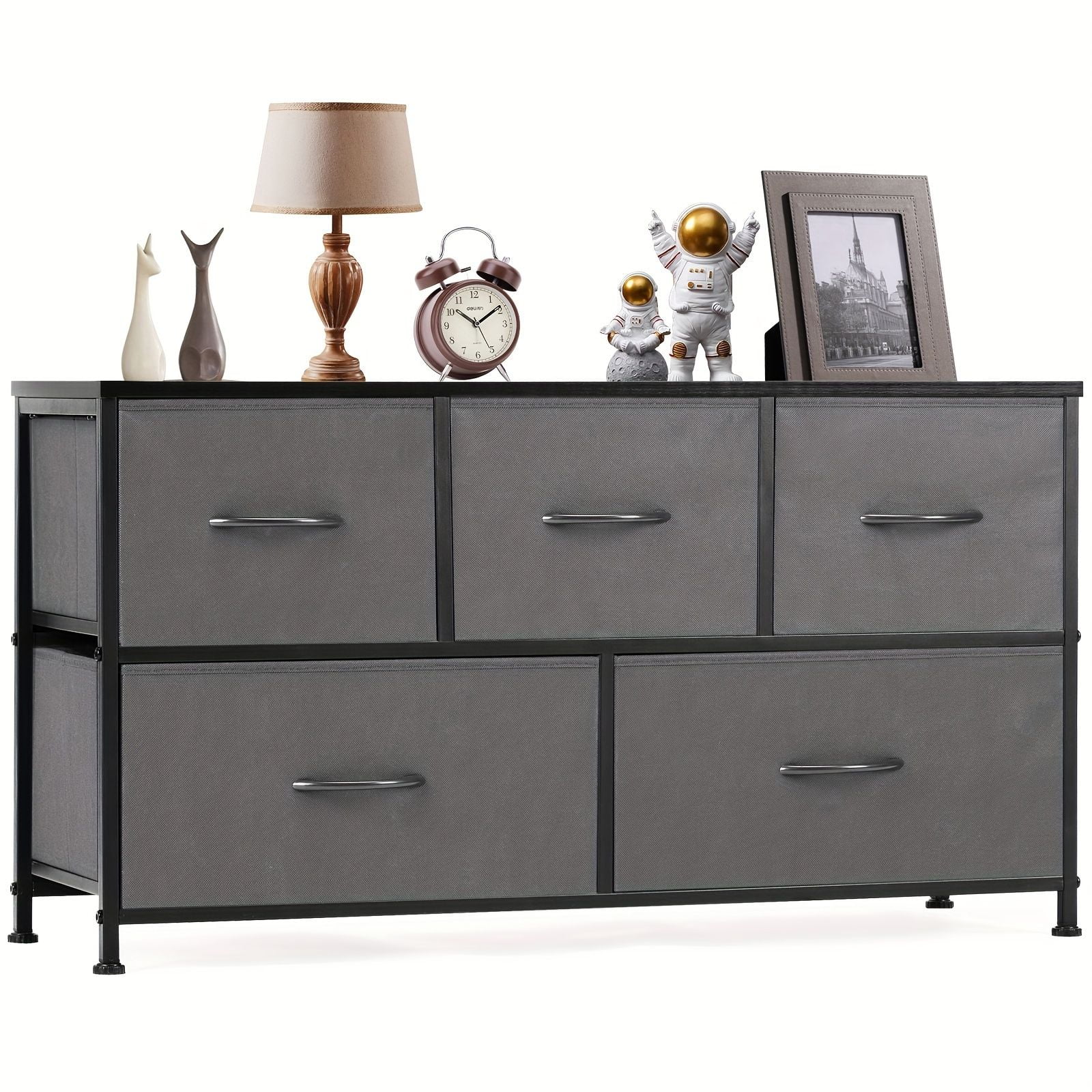 5-Drawer Dresser Storage Tower with Fabric Bins Chest of Drawers for Bedroom Closet Nursery Wood Top Steel Frame