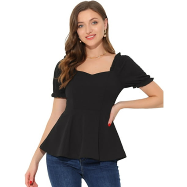 Top peplum con volantes para mujer Blusa elegante de trabajo de oficina con cuello de corazón y mangas abullonadas Negro M