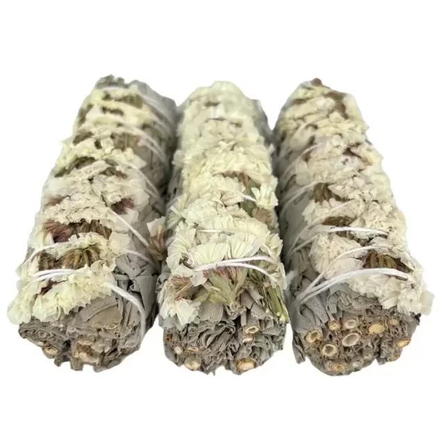 Sahumerio de Salvia Blanca con Flor de Sinuata Blanca 10 cm – Pack de 3 Piezas Aroma Suave y Floral para Ambientes Delicados