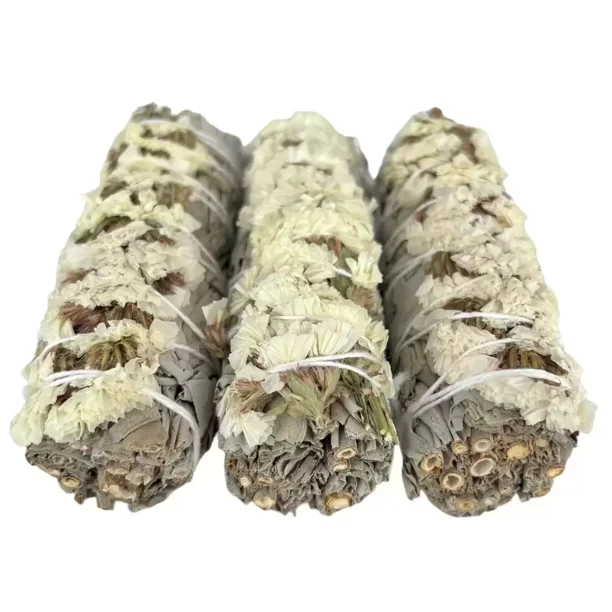 Sahumerio de Salvia Blanca con Flor de Sinuata Blanca 10 cm – Pack de 3 Piezas Aroma Suave y Floral para Ambientes Delicados