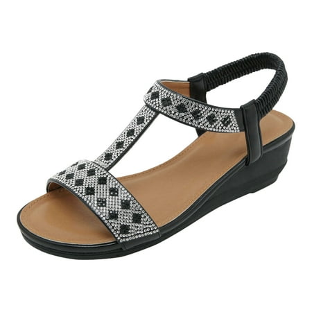 

WNVMWI Sandals Women Shoes Summer Black Wedges for Women Black Shoes Slippers Flip Flops Summer Bohemian Rhinestone Large Size Slope Heel Sandals Wedge Platform Sandal Summer Shoes for Women Size 39