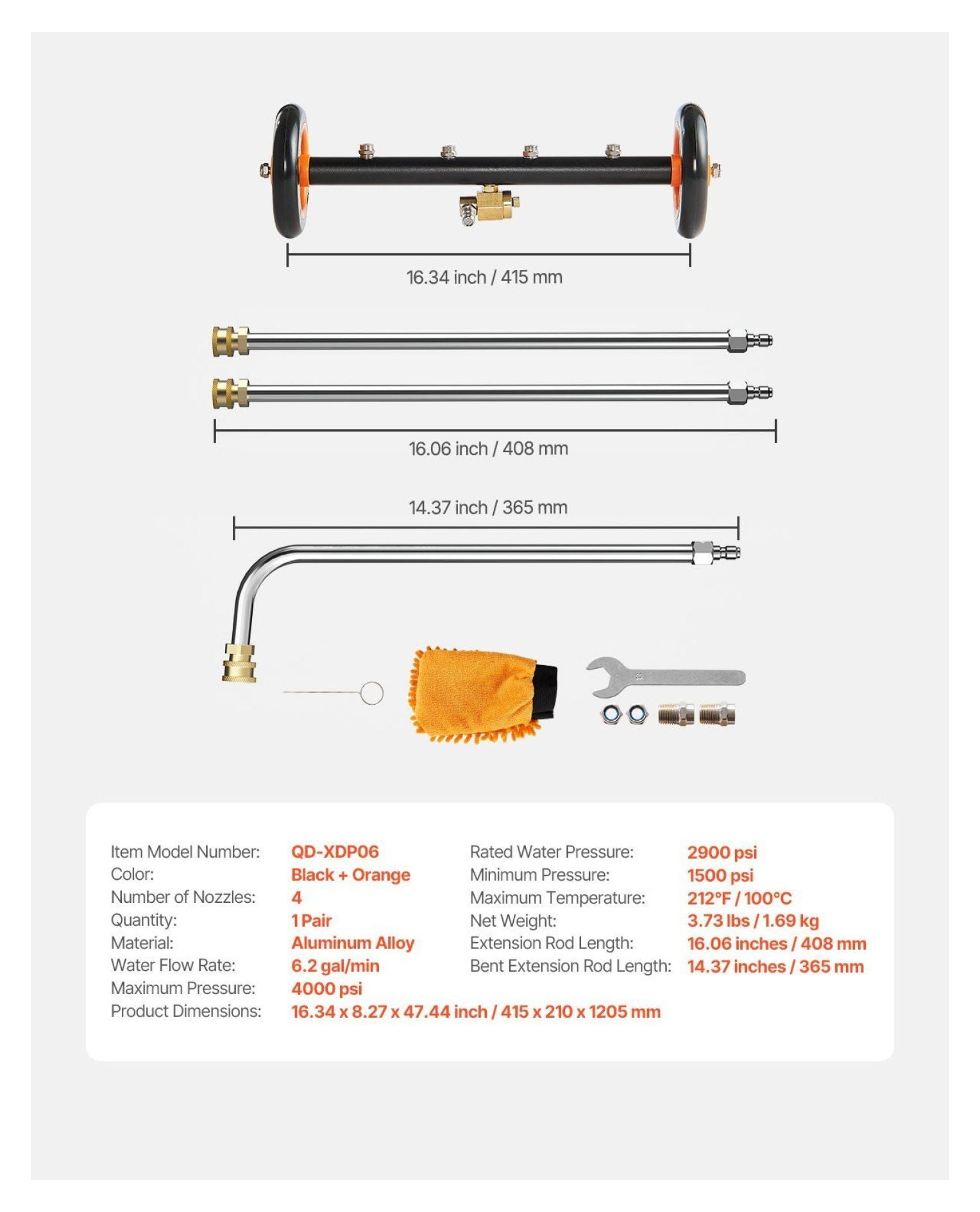 16" Pressure Washer Undercarriage Cleaner with 2 Wheels 2 Extended Wands