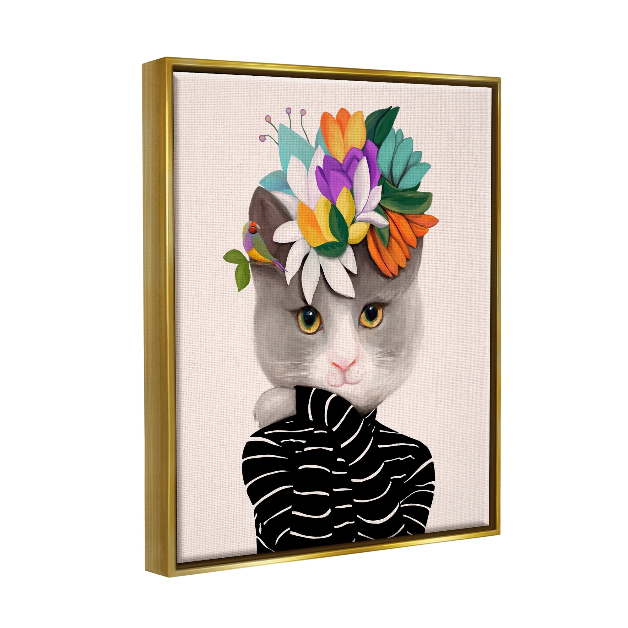 Stupell Industries Bold Floral Design Grey Cat Striped Sweater Metallic Gold Framed Floating Canvas Wall Art, 16x20, by Ioana Horvat