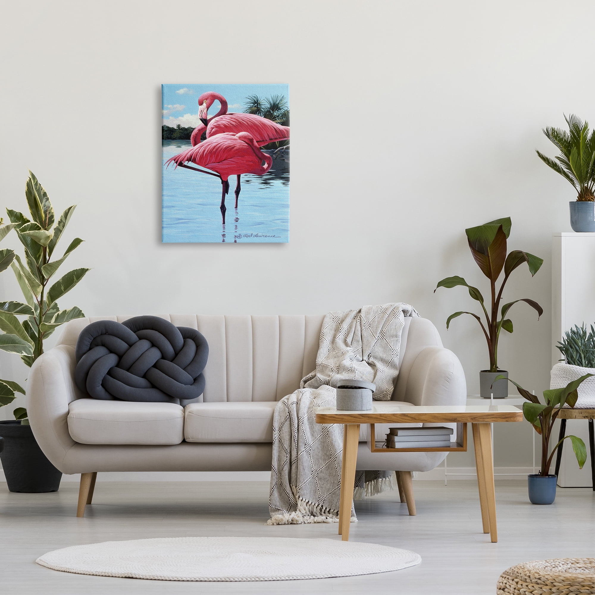 Stupell Industries Flamingos Balancing on Shore Animals & Insects Painting Gallery Wrapped Canvas Art Print Wall Art, 24 x 30
