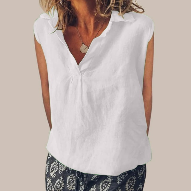 LSLJS Débardeur Classique pour Femme à Col en V, Col à Revers, Couleur Unie, Sans Manches, T-shirt en Coton et Lin, Débardeur à Col à Revers, Débardeurs pour Femmes