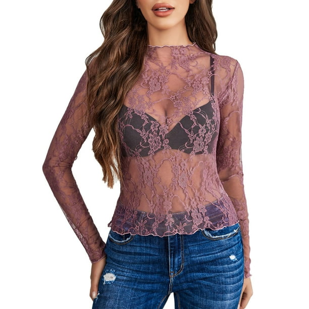 Blusa transparente de manga larga y cuello alto de malla para mujer - Top de encaje floral transparente - 95 % poliéster, 5 % spandex, S-XXL